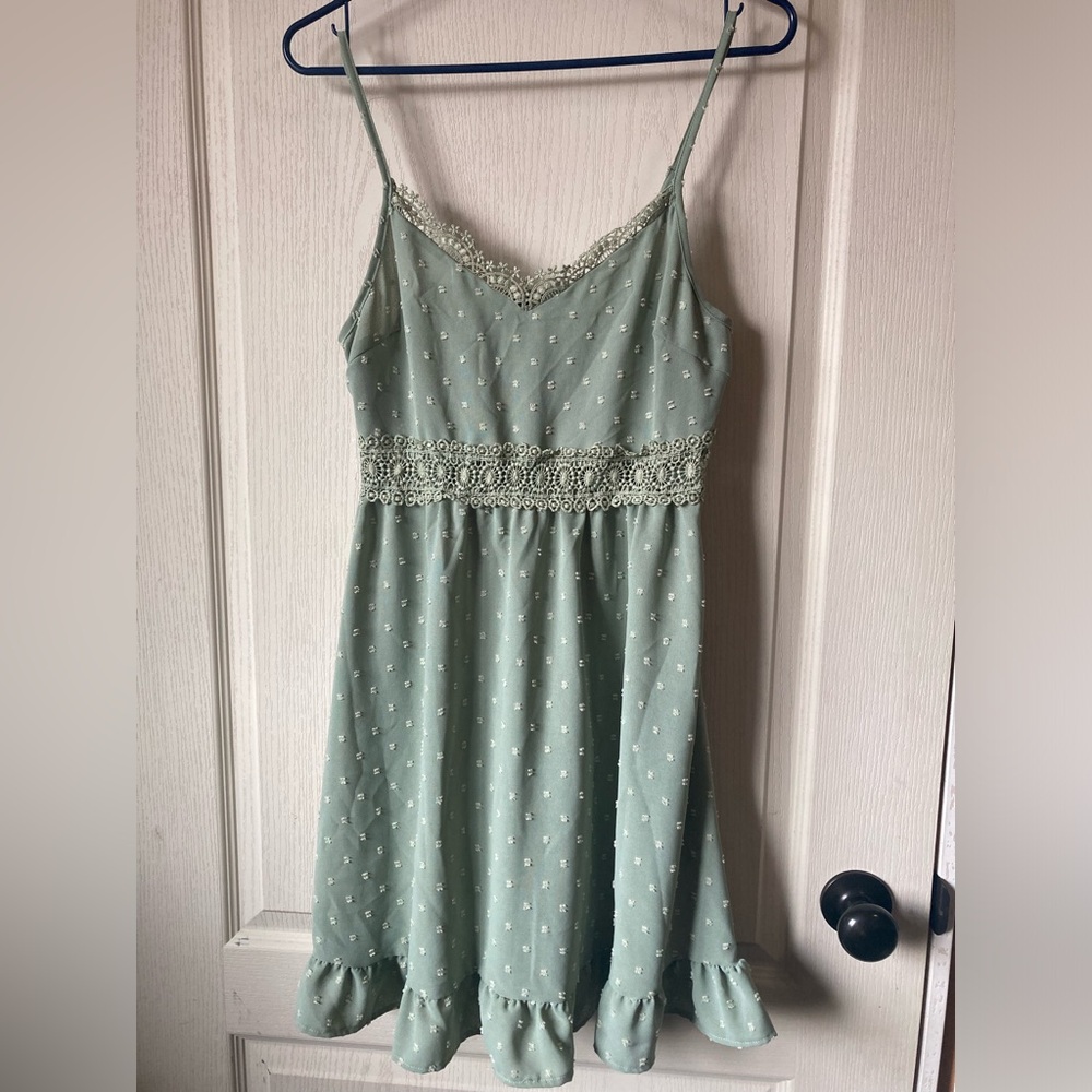 Adorable feminine sage green, lace, ruffles & texture spaghetti strap Dress
